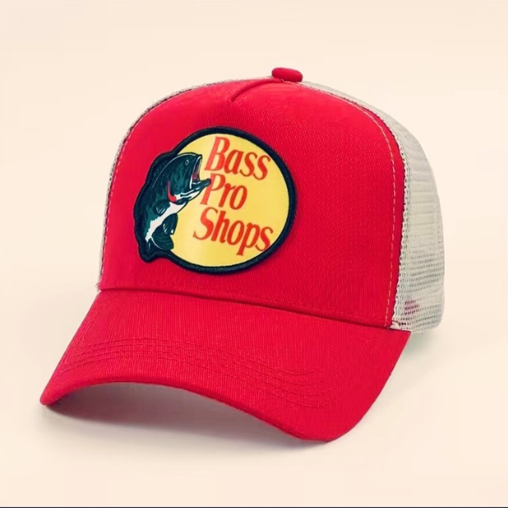 🆕NIP:BASS PRO TRUCKER HAT: Red with Gray Mesh